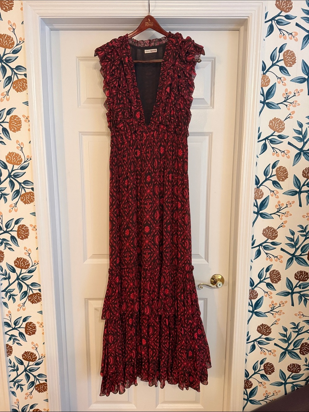 Ulla Johnson Deep Red Patterned Ruffle V‑Neck Maxi Dress